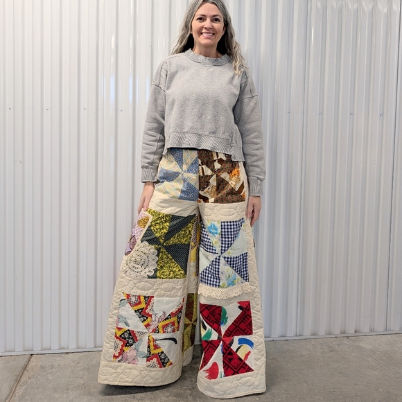 super wide leg OOAK QUILT PANTS handmade S